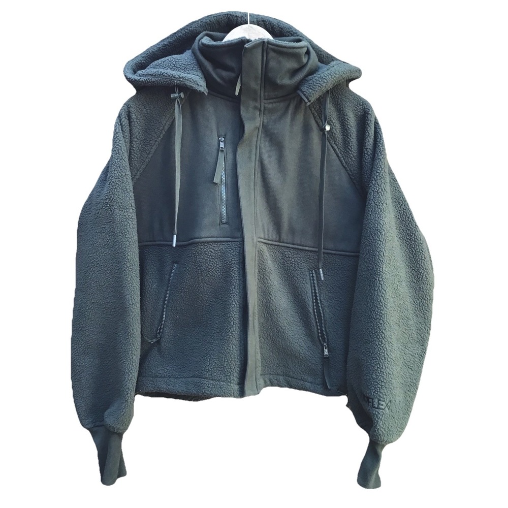 Popflex Sherpa Fleece Jacket Women's XS Green Detachable Hood Full Zip Cropped